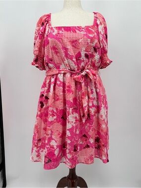 Lane Bryant Pink Floral Smocked Square-Neck Fit & Flare Dress Belted Midi Dress